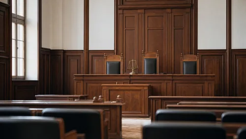 Sală de judecată goală, cu balanța justiției