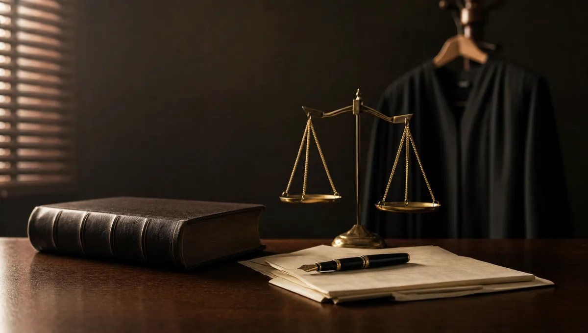 Balanța justiției, un volum de lege și o robă de avocat pe umeraș