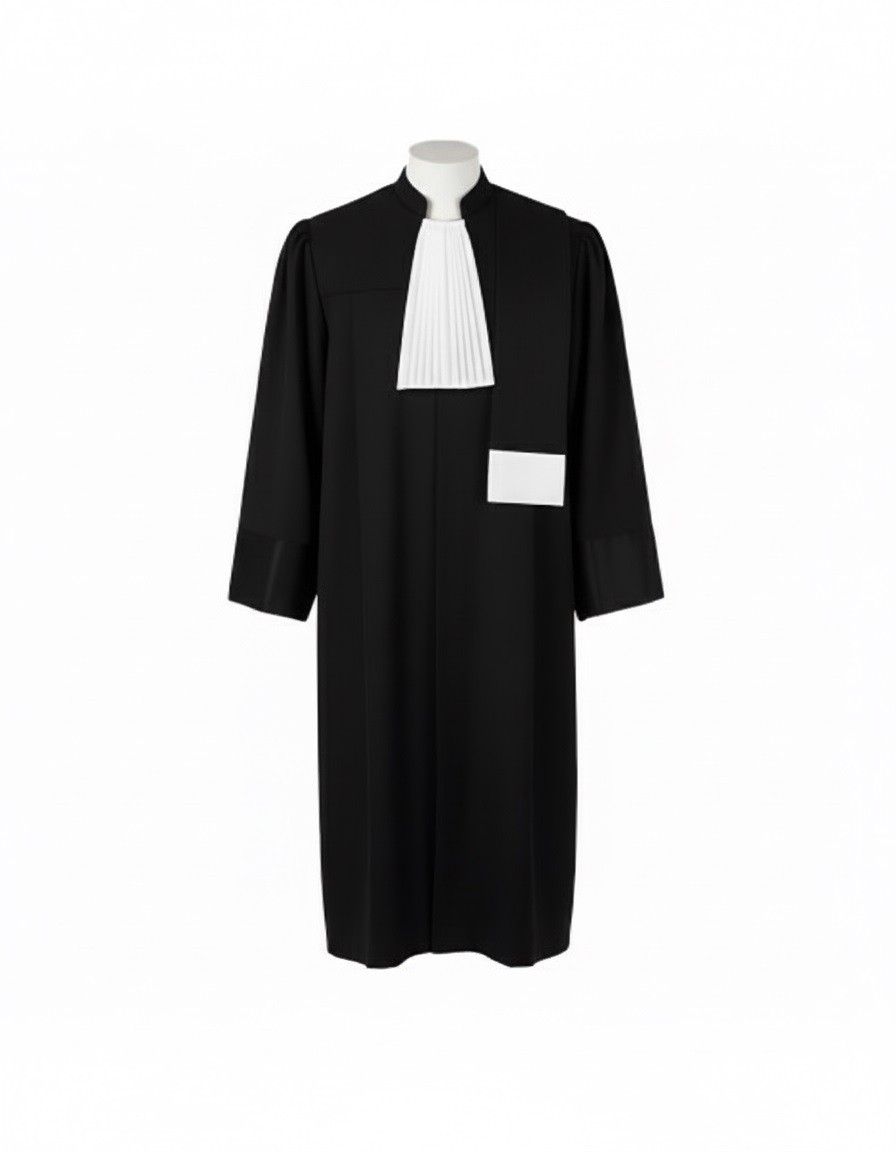 Roba de avocat neagra cu baveta alba si etola alba pe manechin, vedere din fata