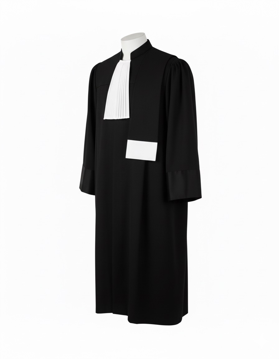 Roba de avocat neagra cu baveta alba, vedere din trei sferturi